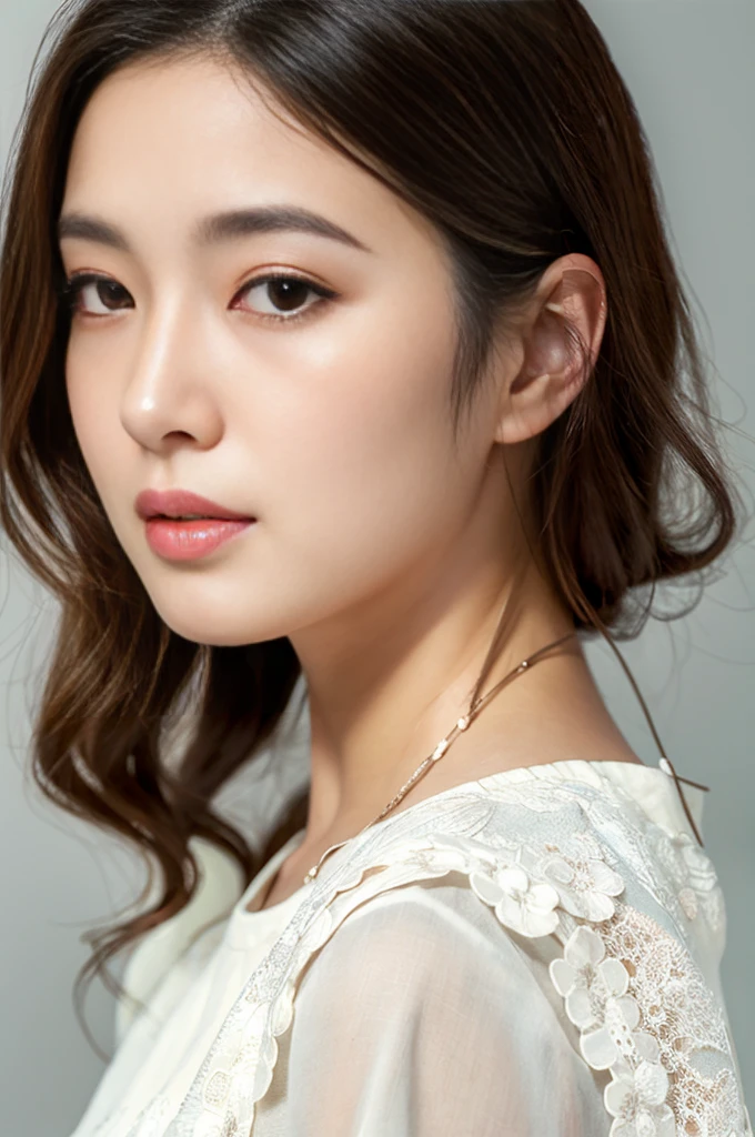 (highest quality, High resolution, masterpiece:1.3), ung japanese woman, Slender figure beauty, (smooth and delicate and pale skin), Small face, Bust Size F, loose curled long brunette with highlights, No makeup, Precisely expresses details such as face and skin texture, Moist eyes with dilated pupils and large irises, double eyelid, lace dress, photo from the chest up, A person in the center left and right, The whole head is shown, Professional cinematic lighting