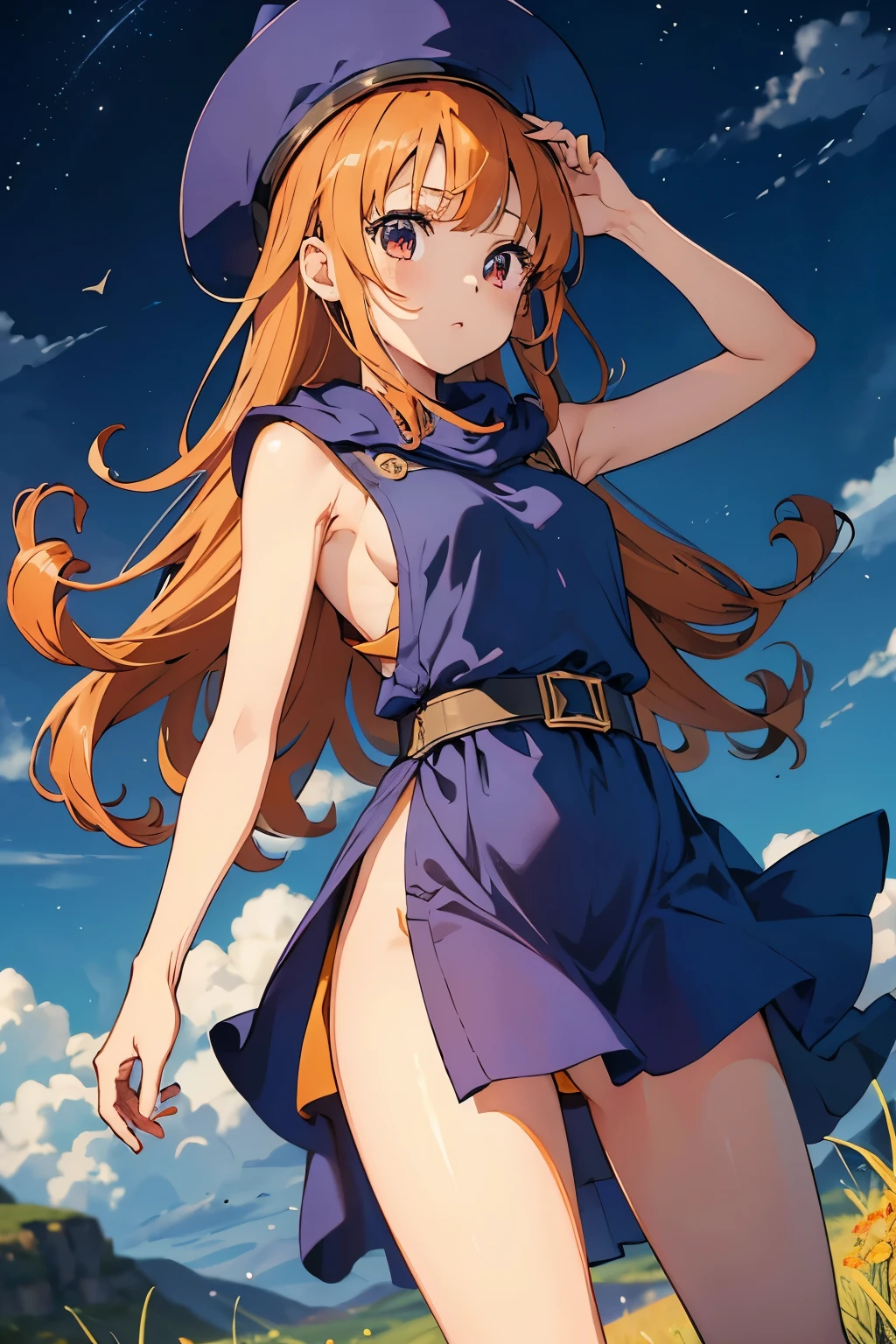 1 girl、High resolution、masterpiece、(alena-dq4、DQ4-ALENA、Orange straight hair)、Short stature、Thin thighs、Thin legs、Small shoulders、slender、Muscular、(hat、Dresses wide open、Cape、Slit Skirt、Wide open slit、No underwear、Underarm、The flanks are visible、Sideboob)、Night Grassland