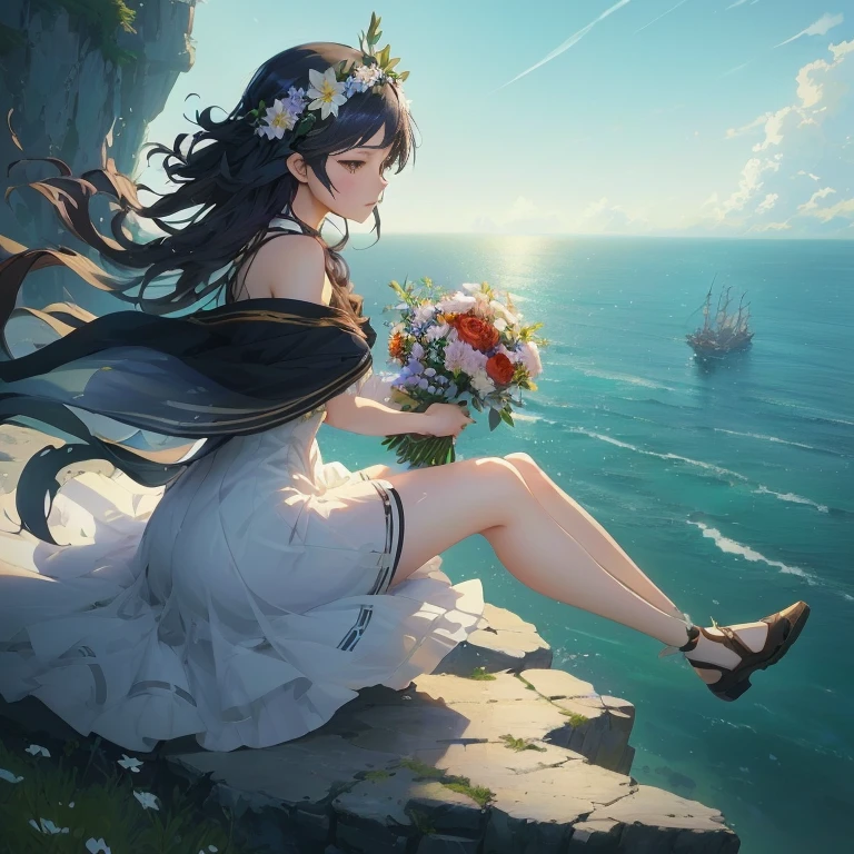 anime girl sitting on a cliff overlooking the ocean with flowers, guweiz, artwork in the style of guweiz, beautiful anime, guweiz on pixiv artstation, guweiz on artstation pixiv, beautiful anime artwork, beautiful fantasy anime, beautiful anime art, guweiz masterpiece, anime art wallpaper 8 k, anime art wallpaper 4 k