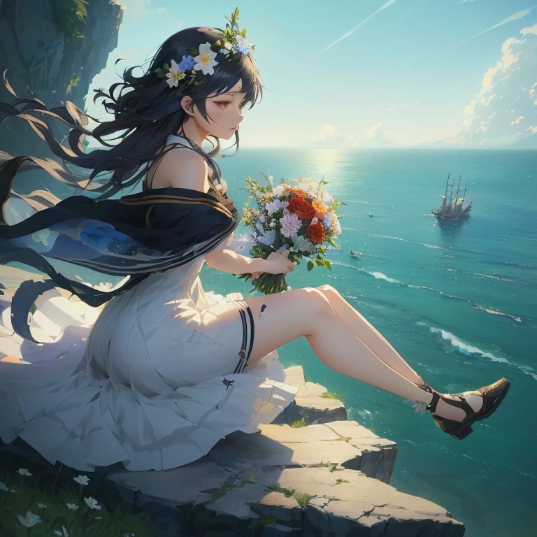 anime girl sitting on a cliff overlooking the ocean with flowers, guweiz, artwork in the style of guweiz, beautiful anime, guweiz on pixiv artstation, guweiz on artstation pixiv, beautiful anime artwork, beautiful fantasy anime, beautiful anime art, guweiz masterpiece, anime art wallpaper 8 k, anime art wallpaper 4 k