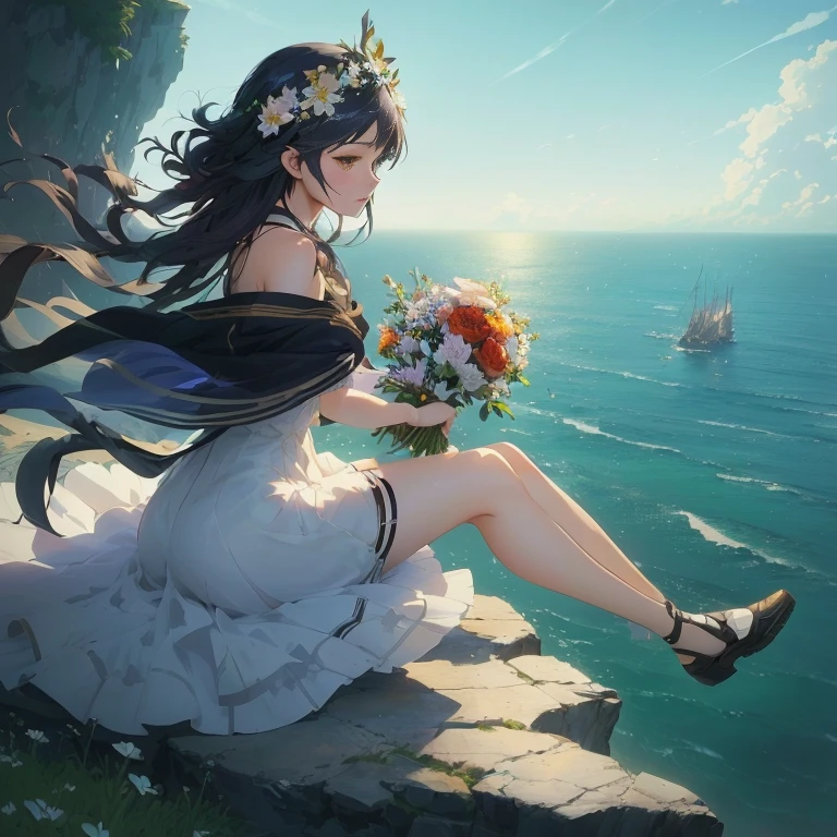anime girl sitting on a cliff overlooking the ocean with flowers, guweiz, artwork in the style of guweiz, beautiful anime, guweiz on pixiv artstation, guweiz on artstation pixiv, beautiful anime artwork, beautiful fantasy anime, beautiful anime art, guweiz masterpiece, anime art wallpaper 8 k, anime art wallpaper 4 k