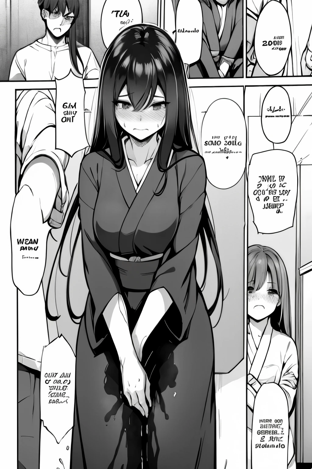 A woman with very long (black hair:1.5), wearing a kimono, stands in a (monochrome:1.25) setting. The artwork is inspired by manga and incorporates a doujin style. The woman appears to be (wetting herself:1.5), which causes her to feel embarrassed and humiliated, resulting in a blush on her face. In addition, there is an air of anger in her expression. The lighting in the scene is moody, with a spotlight highlighting the woman's figure. She is crossing her arms, (arms crossed:1.5), fully showcasing her kimono., medium breasts, full kimono