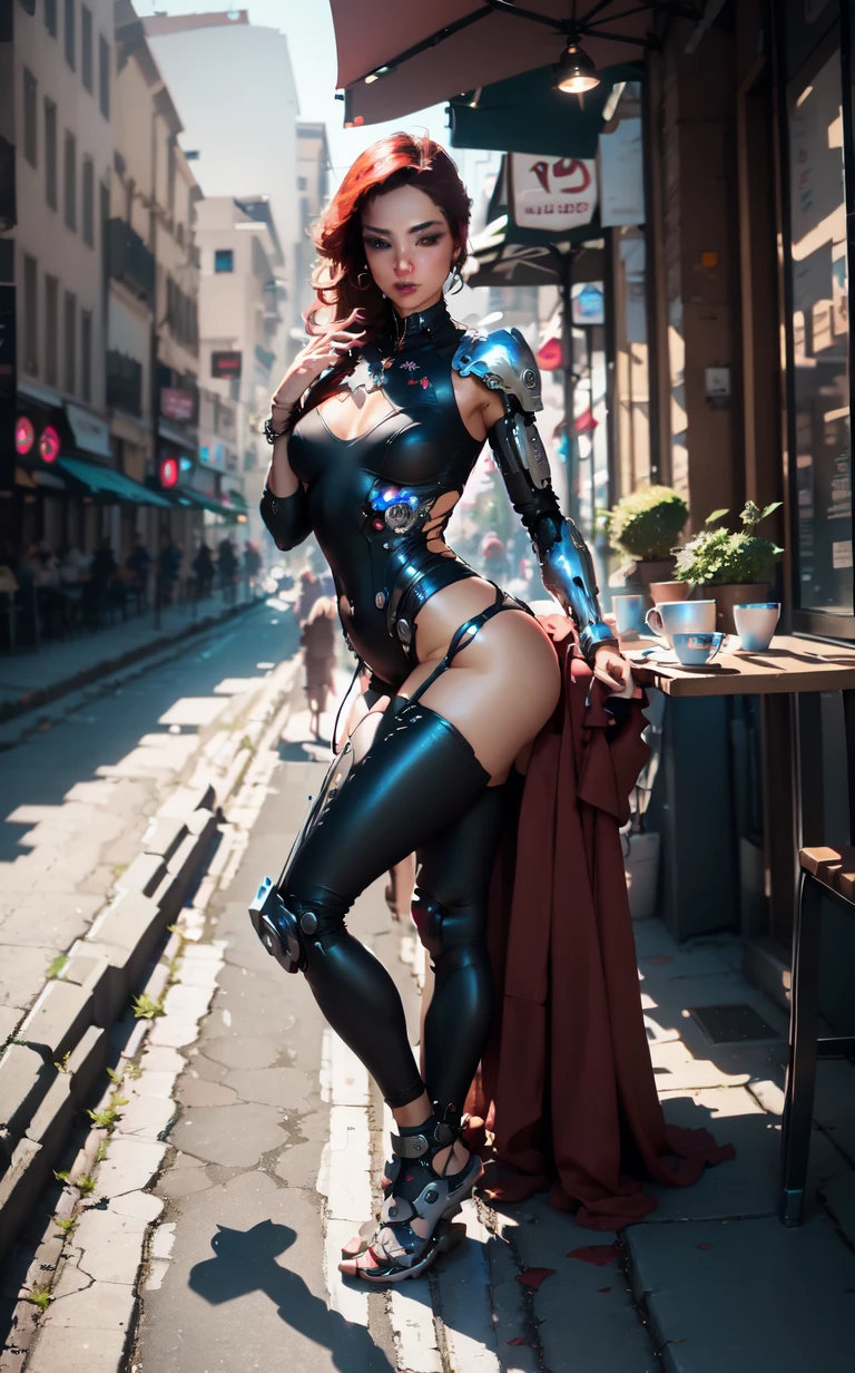 Sexy female cyborg erotically sitting at a table in a sidewalk cafe, foot on foot, (Best quality, 4K, 8k, A high resolution, masterpiece:1.2), absurdity, masterpiece, ultra detailed, (realistic, photorealistic, photorealistic:1.37), complex parts, HDR, (complex parts:1.12), (hyper detailed, hyper realistic, Soft lighting, spicy:1.2), beautiful figure, Magnificent Anatomy, (complex part, Hyper detailed:1.15), Smooth skin,