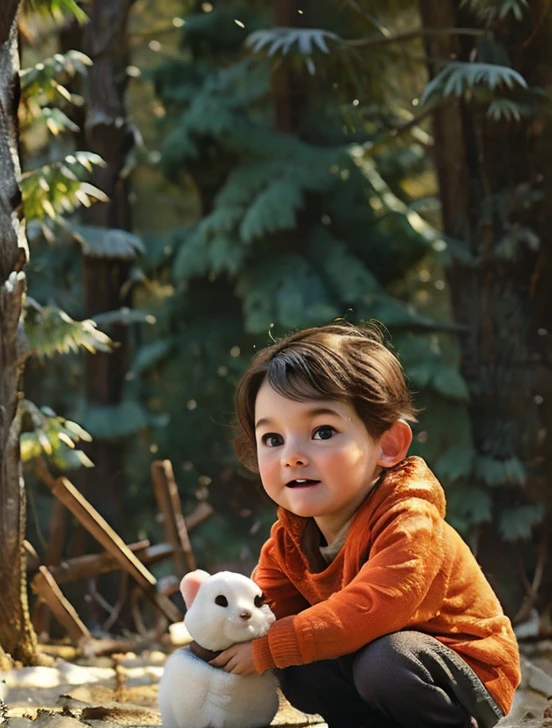 A little boy with a rabbit in the woods