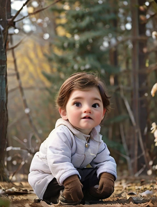 A little boy with a rabbit in the woods