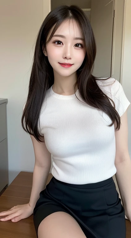 Tabletop, highest quality, shape, Very detailed, In detail, High resolution, 8k wallpaper, Perfect dynamic composition, Beautiful details,Medium Hair, Natural color lip, Random sexy poses,smile,Sexy anyway,Older sister type,Office Casual,See-through underwear,Tight Skirt