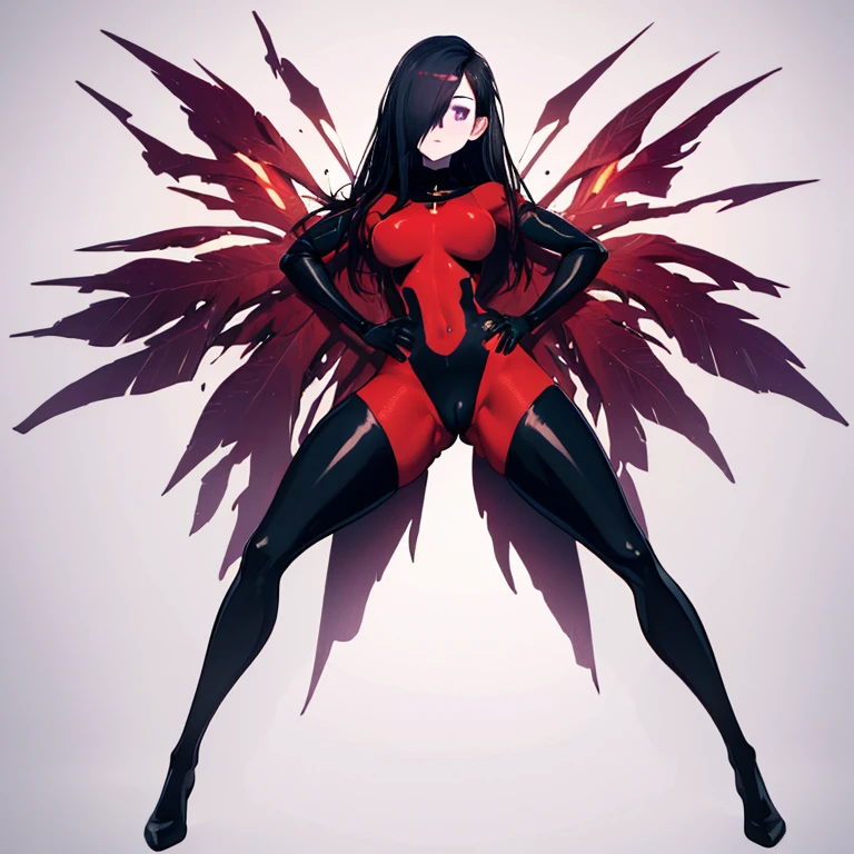 (full body),masterpiece, highest quality, (One girl), Violet Par, Eye mask,Long Hair, Black Hair, Purple eyes,Hair on one eye, (Red hero suit),Red bodysuit,black elbow gloves,Black Thigh Boots,Thick thighs,Put your hands on your hips,Spread your legs,View your viewers, Face to endure humiliation, Simple Background