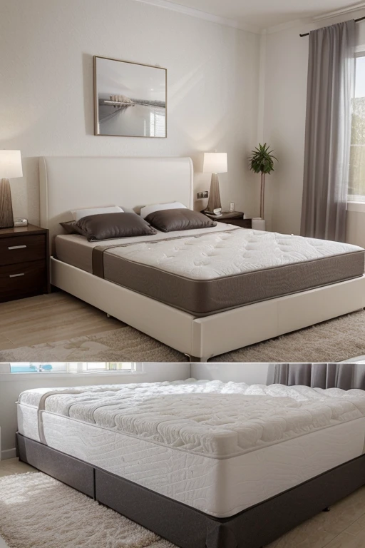 3d mattress photo. hyperrealistic style photo. Therapeutic style mattress photo . hyperrealistic style photo in 8k , 4k . the background decoration to be of a home , modern and attractive for the purchase of the article . The border of the mattress should be white with some dark color borders , with several color variants . I need them to be different rooms of a room . 