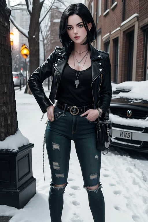 Elizabeth Gillies 25-year-old gril with open black jacket, blue t-shirt with snow print, short black hair, punk style, yellow locks, black jeans, green eyes, black leather belt, silver buckle, slim muscular build, cross medallion, silver bracelet, looking straight at the viewer