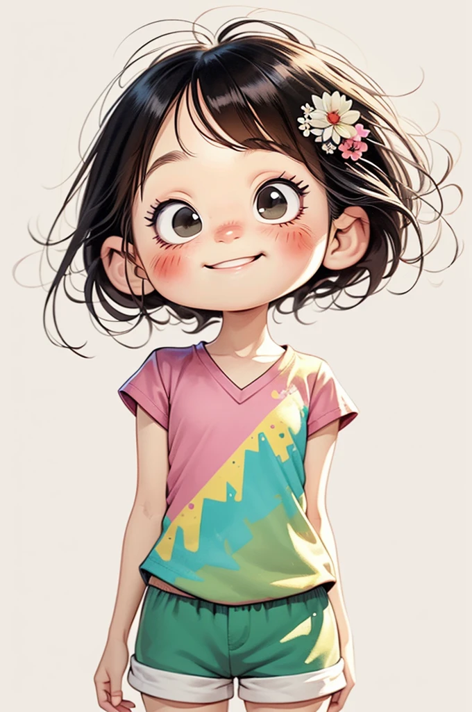 watercolor painting，Chibi A cartoon young girl wearing a pink v-neck shirt and white shorts, big smile with teeth, large cute eyes, cute digital painting, cute digital art, Lovely and detailed digital art, cute portrait, cartoon art style, Super cute and stylish black-haired girl, kawaii realistic portrait, Cute cartoon style, (((chibi))) beautiful art, Realistic cute girlmatic