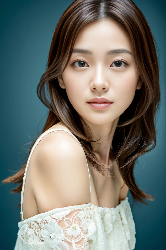 (highest quality, High resolution, masterpiece:1.3), 1 young japanese woman, Slender figure beauty, (smooth and delicate and pale skin), Small face, Bust Size F, loose curled long brunette with highlights, No makeup, Precisely expresses details such as face and skin texture, Moist eyes with dilated pupils and large irises, double eyelid, lace dress, photo from the chest up, A person in the center left and right, The whole head is shown, Professional cinematic lighting