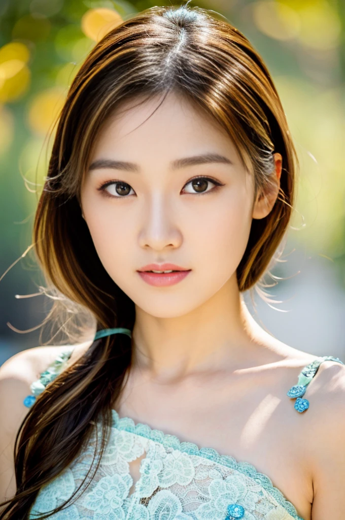(highest quality, High resolution, masterpiece:1.3), 1 young japanese woman, Slender figure beauty, (smooth and delicate and pale skin), Small face, Bust Size F, loose curled long brunette with highlights, No makeup, Precisely expresses details such as face and skin texture, Moist eyes with dilated pupils and large irises, double eyelid, lace dress, photo from the chest up, A person in the center left and right, The whole head is shown, Professional cinematic lighting