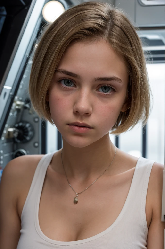 A troubled looking 19 yo blonde teen girl in a white tank top in a space station.  Cleavage. Close up big nose. Full lips. Eyes wide. Slender face. Very short hair