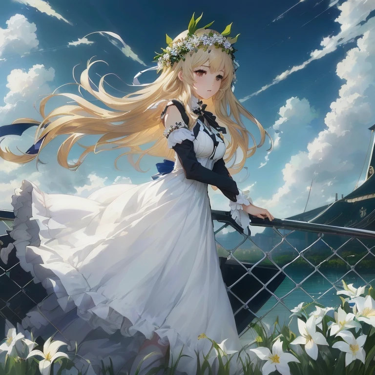 anime girl in white dress standing on fence with flowers in her hair, in dress, portrait of lolita, cute anime waifu in a nice dress, marisa kirisame, violet evergarden, cushart krenz key art feminine, blonde anime girl with long hair, azur lane style, beautiful anime, rin, guweiz on pixiv artstation