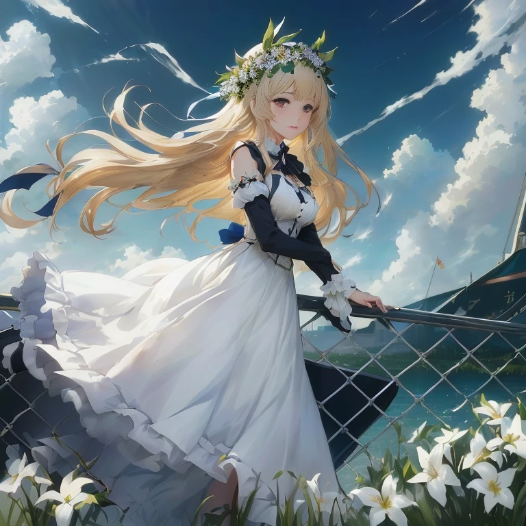 anime girl in white dress standing on fence with flowers in her hair, in dress, portrait of ta, cute anime waifu in a nice dress, marisa kirisame, violet evergarden, cushart krenz key art feminine, blonde anime girl with long hair, azur lane style, beautiful anime, rin, guweiz on pixiv artstation