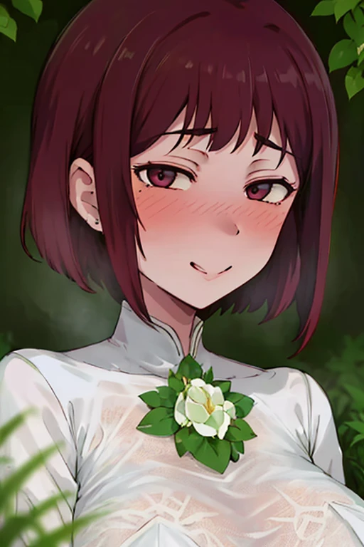 Cute woman in the drizzle, (elegant, Beautiful Face), Transparent white dress, Forest Moss, (freckles:0.8), Flower Field, , Curly Red Hair, Magical atmosphere, (short hair), ((Detailed skin, Skin Texture)), Ultra-detailed, (Exquisitely crafted, Fine details, Ultra-detailed), Ray Tracing, Scattered beneath the surface, (Fantasy underworld in the background), Diffused and soft lighting, Shallow depth of field, by (by Oliver Wetter), Sharp focus blur,