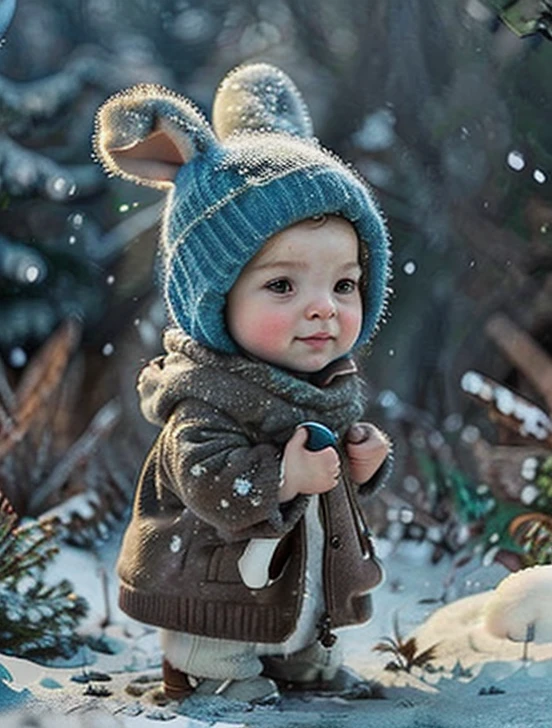 A with a rabbit in In the snow in the middle of winter