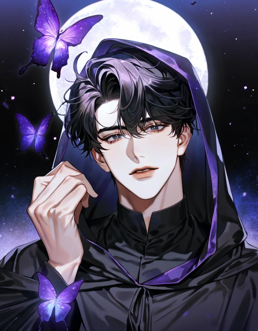 (absurdres, highres, ultra detailed, HDR) master piece, best quality, perfect face, delicate features, Yoo Joonghyuk, black hair, expressive gray eyes, Omniscient reader's viewpoint, solo, sexy man, handsome, black cape with a hood, black tight shirt, moon, purple flames, purple butterflies, purple roses, starry sky