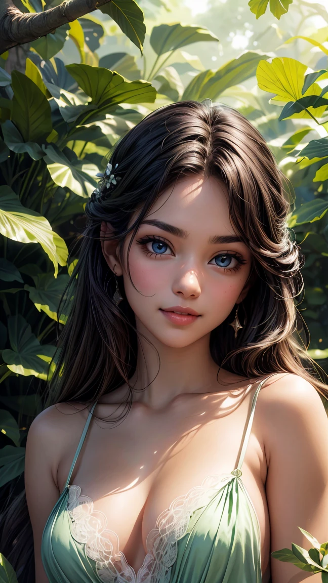(best quality,4k,8k,highres,masterpiece:1.2),ultra-detailed,(realistic,photorealistic,photo-realistic:1.37),portraits,landscape,soft focus,natural lighting,greenish hues,the smell of fresh flowers,calm atmosphere,colorful birds,sun rays,gentle breeze,peaceful ambiance,romantic setting,realistic skin texture,lush greenery,vibrant colors,tiny dewdrops on leaves,dappled sunlight,ethereal beauty,pure serenity,subtle shadows,mystical aura,verdant scenery,serene expressions,curved curves,breathtaking view,luscious foliage,wildflowers,natural curves,majestic trees,tender elegance,natural beauty,dreamy landscape,captivating ambiance,soft and warm tones,whispering winds,flowing hair,elegant composure,peaceful morning,tranquil garden,calm presence,beauty in nature,innocent charm