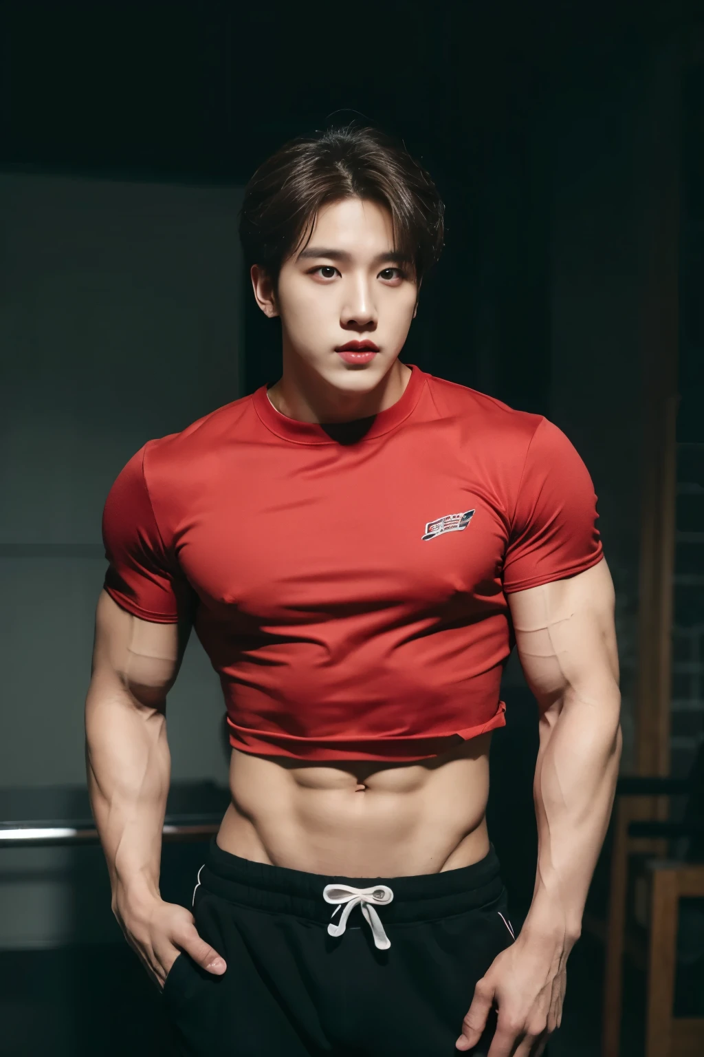 (masterpiece), best quality,bts jhope, muscular body, bodybuilder,glases, wearing red shirt,black shorts
