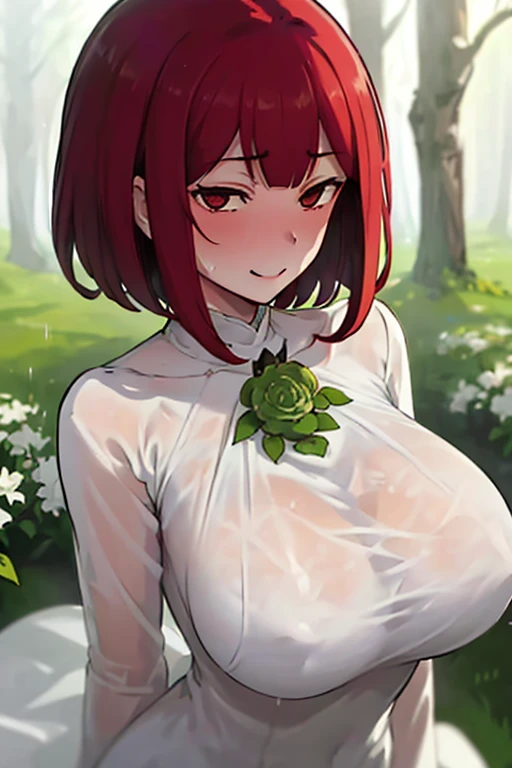 Cute woman in the drizzle, (elegant, Beautiful Face), Transparent white dress, Forest Moss, (freckles:0.8), Flower Field, , Curly Red Hair, Magical atmosphere, (short hair), ((Detailed skin, Skin Texture)), Ultra-detailed, (Exquisitely crafted, Fine details, Ultra-detailed), Ray Tracing, Scattered beneath the surface, (Fantasy underworld in the background), Diffused and soft lighting, Shallow depth of field, by (by Oliver Wetter), Sharp focus blur,