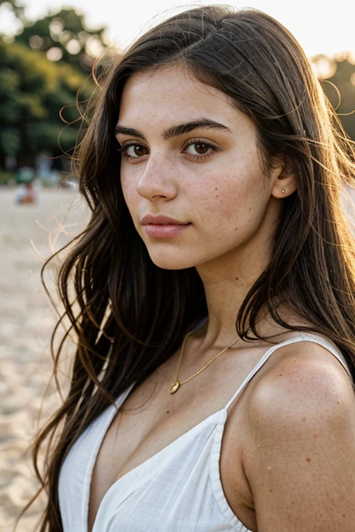 A photorealistic portrait of a 19-year-old espagnol girl with long, flowing dark hair and striking dark eyes. She should have a natural, approachable expression and be illuminated by soft, golden-hour sunlight. The background should be a scenic outdoor setting, perhaps a sunlit park or beach. Capture this image with a high-resolution photograph using an 85mm lens for a flattering perspective.
