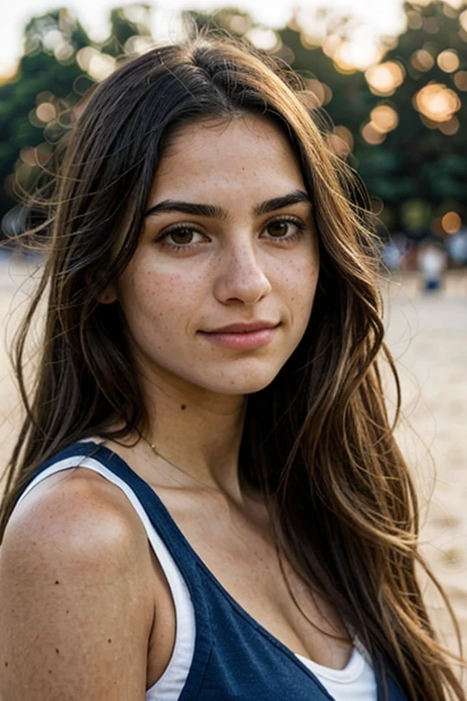 A photorealistic portrait of a 19-year-old espagnol girl with long, flowing dark hair and striking dark eyes. She should have a natural, approachable expression and be illuminated by soft, golden-hour sunlight. The background should be a scenic outdoor setting, perhaps a sunlit park or beach. Capture this image with a high-resolution photograph using an 85mm lens for a flattering perspective.