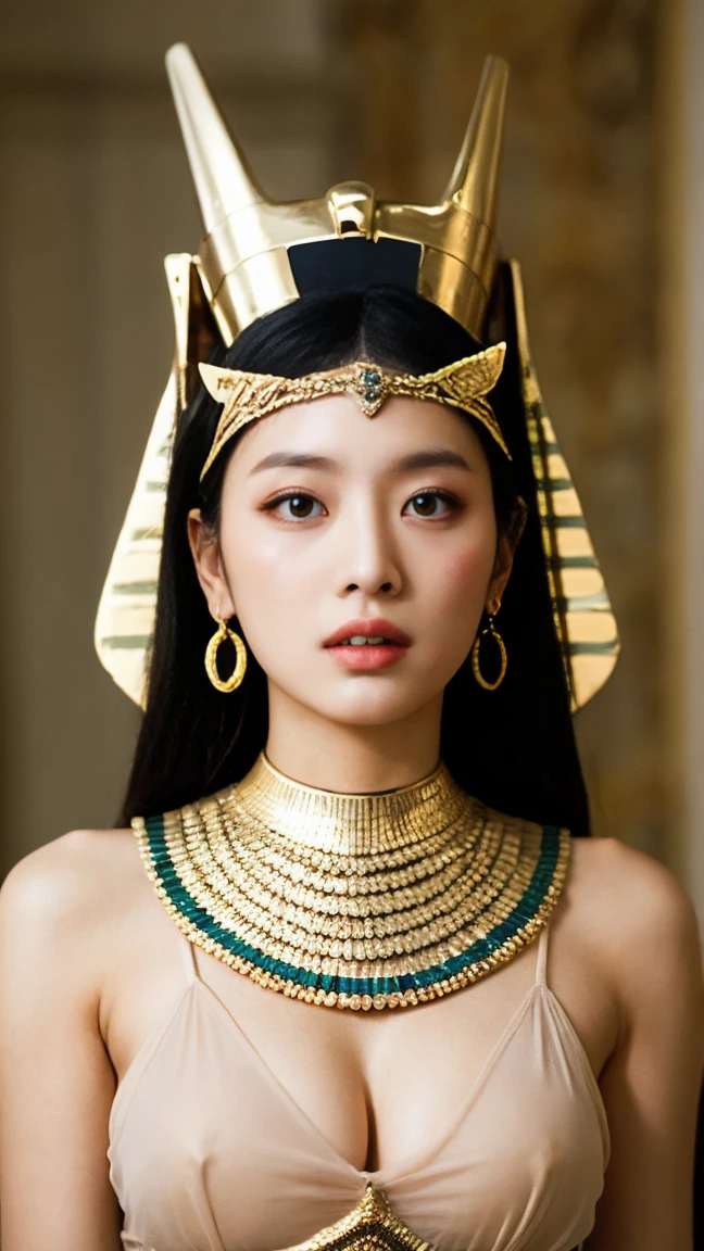 Egyptian Pharaoh、See-through、It's digging in、I'm not wearing anything underneath、Full Body Shot、20th Ayaka、NiziU AYAKA、 4K、1People Women、slender、 Loose, wavy styling 、Fascinating and attractive、Including the texture of the face and skin.,Detailed eyes