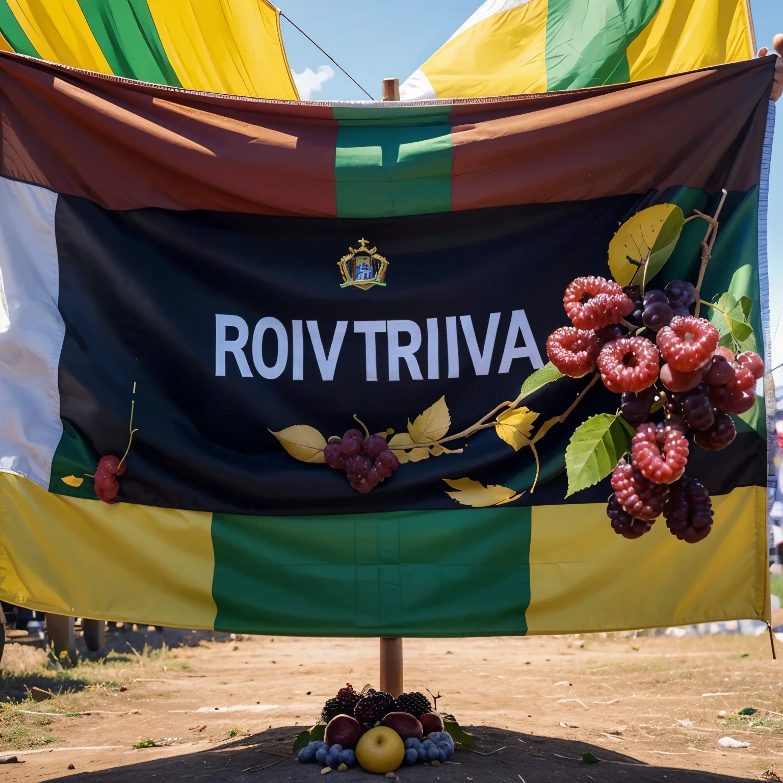 Queria uma bandeira de uma equipe roxa, na bandeira devem ter videiras, uvas e o nome "Frutos da videira"