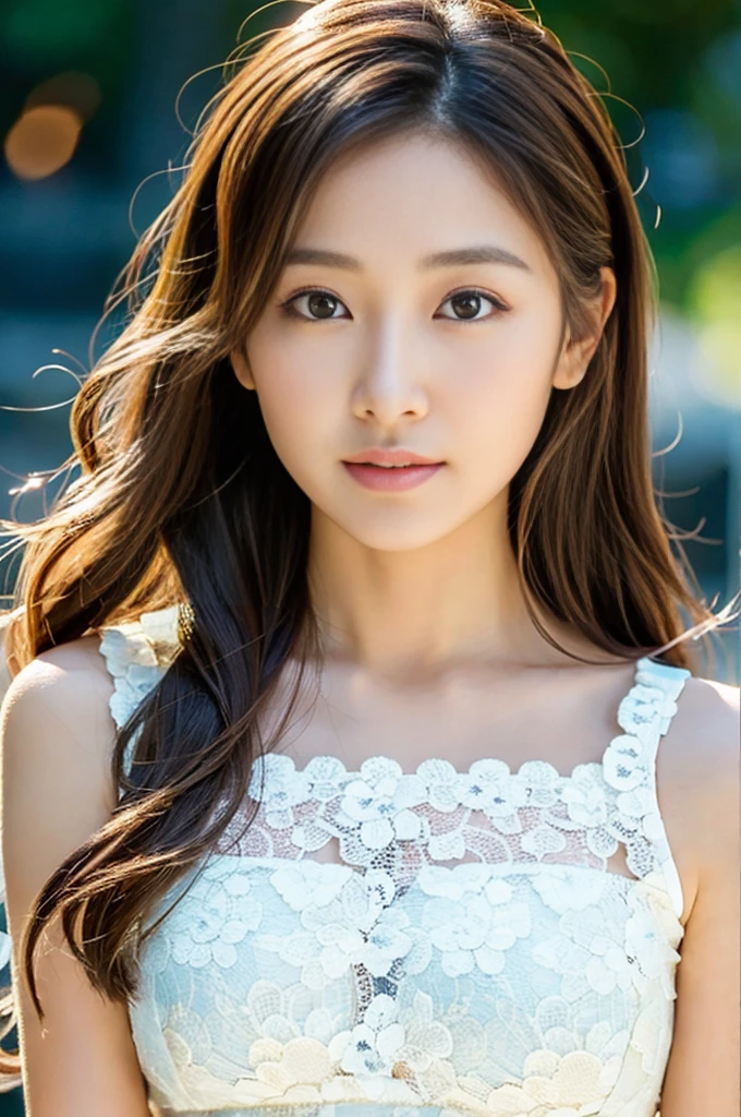 (highest quality, High resolution, masterpiece:1.3), 1 young japanese woman, Slender figure beauty, (smooth and delicate and pale skin), Small face, Bust Size F, loose curled long brunette with highlights, No makeup, Precisely expresses details such as face and skin texture, Moist eyes with dilated pupils and large irises, double eyelid, lace dress, photo from the chest up, A person in the center left and right, The whole head is shown, Professional cinematic lighting