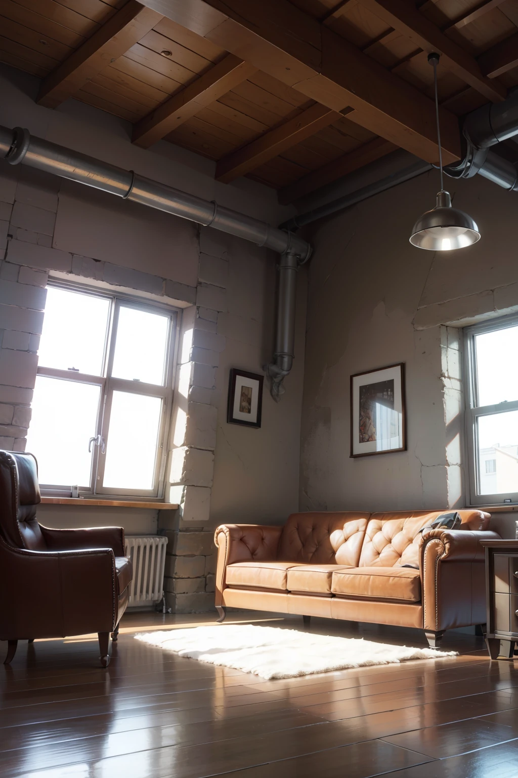 Living room interior in loft, industrial style, 3d render