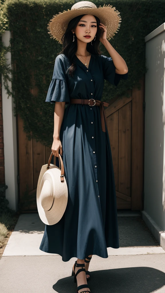 Beautiful maxi dress portrait, Espadrilles, Woven Belt, Straw hat, statement ring