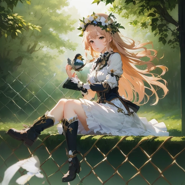 anime girl sitting on fence with bird in hand, cushart krenz key art feminine, marin kitagawa fanart, portrait of ta, guweiz on pixiv artstation, a maid in a magical forest, zerochan art, trending on artstation pixiv, guweiz on artstation pixiv, in the garden, epic light novel art cover