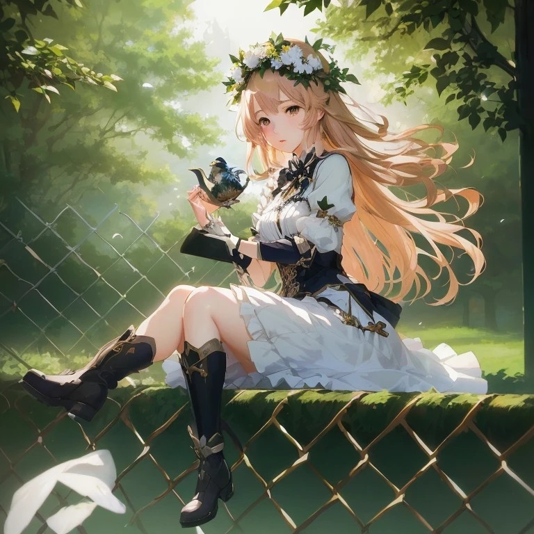anime girl sitting on fence with bird in hand, cushart krenz key art feminine, marin kitagawa fanart, portrait of ta, guweiz on pixiv artstation, a maid in a magical forest, zerochan art, trending on artstation pixiv, guweiz on artstation pixiv, in the garden, epic light novel art cover