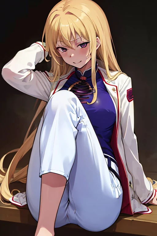 High resolution, masterpiece, At least that is it, shokugeki no souma, blonde, alone, One girl, cute, Fine grain, Long Hair, Purple eyes, toumeina chef costume, White jacket, White pants