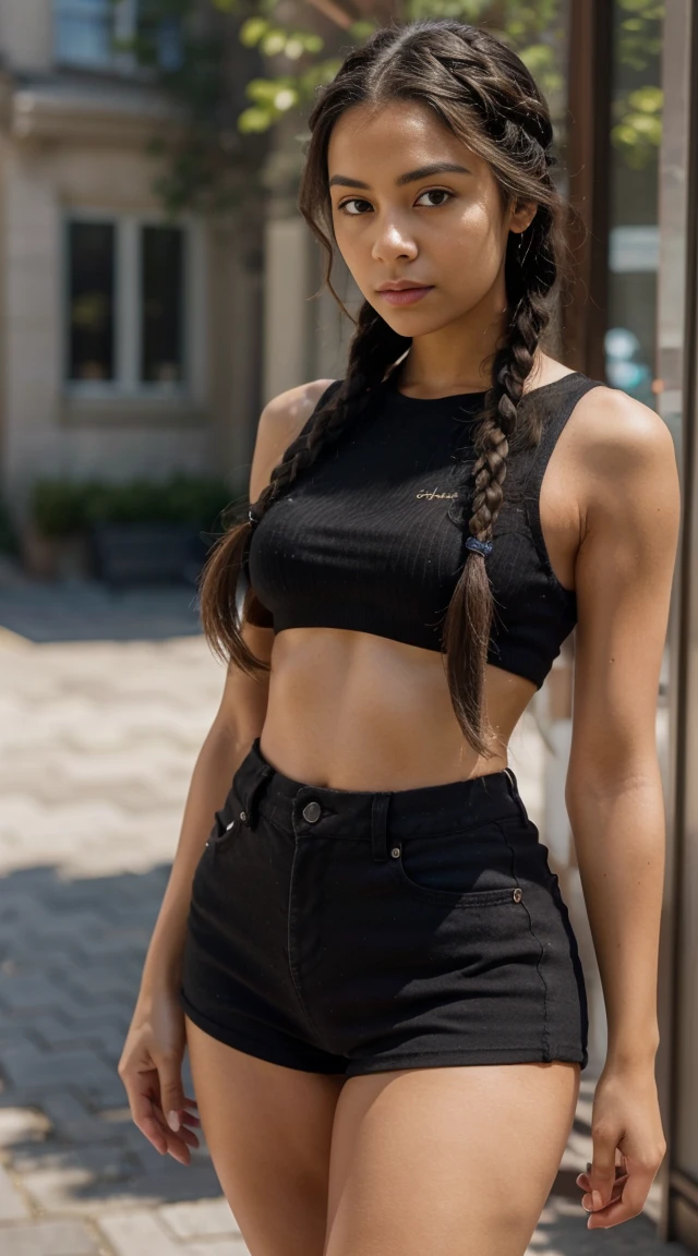 A refined description of the scene you described:

A woman in tight black shorts with hair braided in a complex and elegant style is depicted in a stunning scene. Your braided hair displays a variety of patterns and textures, demonstrating skill and art in creating the hairstyle.

The woman is portrayed with a confident and proud posture, destacando sua beleza e autenticidade. Your facial features are distinct and expressive, reflecting your individuality and inner strength.

The scene is softly lit, highlighting the details of the braided hair and the beauty of the woman. Your presence is captivating, conveying a sense of grace and determination.

This depiction of a black woman with braided hair is a celebration of black culture and beauty., capturing the elegance and pride of a traditionally significant hairstyle.