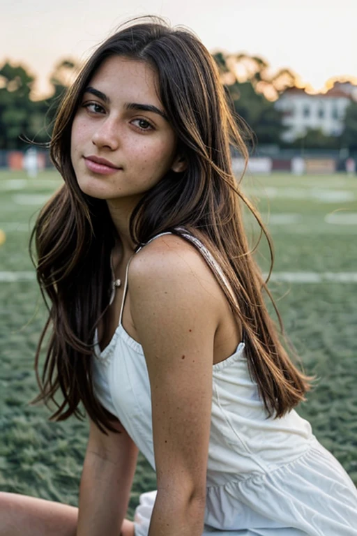 A photorealistic portrait of a 19-year-old espagnol girl with long, flowing dark hair and striking dark eyes. She should have a natural, approachable expression and be illuminated by soft, golden-hour sunlight. The background should be a scenic outdoor setting, perhaps a sunlit park or beach. Capture this image with a high-resolution photograph using an 85mm lens for a flattering perspective. play football game and video game in tele