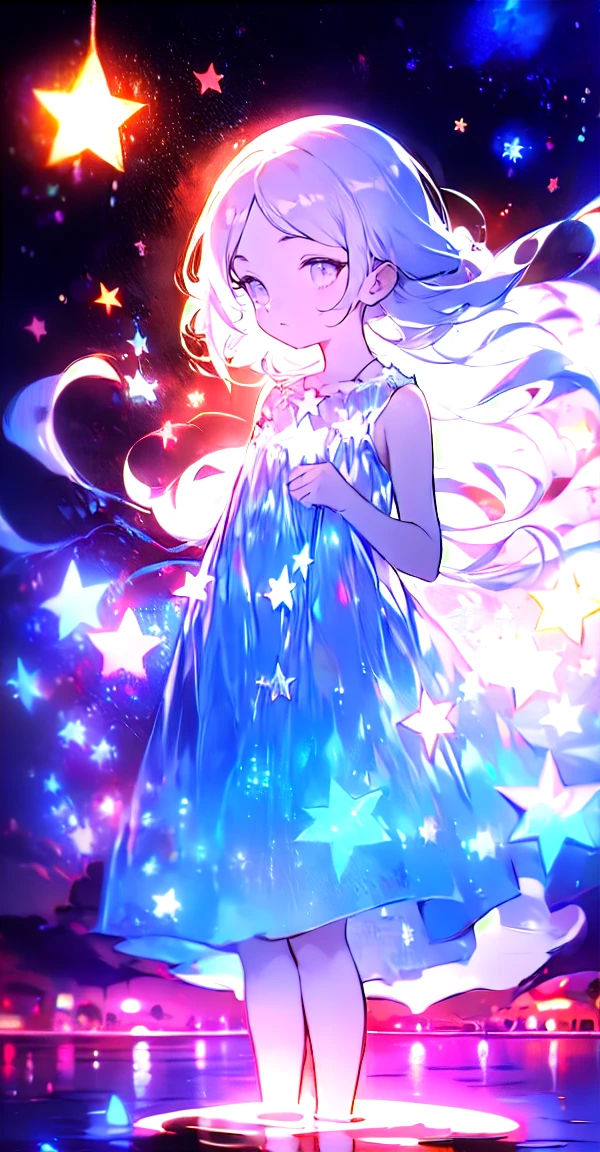 xcdd, dress, water遊び, star, water, null, night, Shine, Shine, star, night null, Backlight, Particles of light, Floating Hair,, Absurd, ultra detailed, masterpiece, highest quality, beautiful, detailed,, Severe, One girl, (White eyes:1.1), (Grey Eyes:1.3), Gray Hair, Very long hair, Parted hair, Parted bangs, Medium chest,