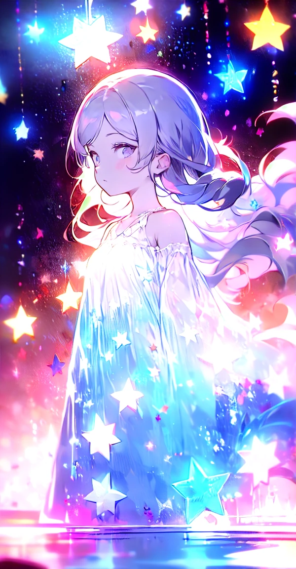 xcdd, dress, water遊び, star, water, null, night, Shine, Shine, star, night null, Backlight, Particles of light, Floating Hair,, Absurd, ultra detailed, masterpiece, highest quality, beautiful, detailed,, Severe, One girl, (White eyes:1.1), (Grey Eyes:1.3), Gray Hair, Very long hair, Parted hair, Parted bangs, Medium chest,