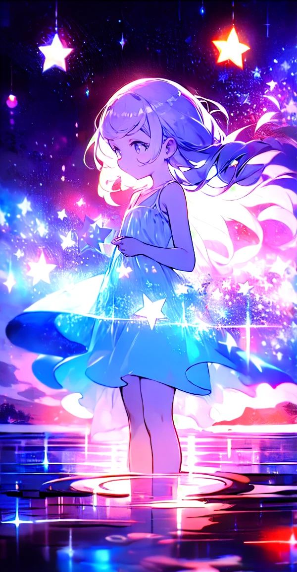 xcdd, dress, water遊び, star, water, null, night, Shine, Shine, star, night null, Backlight, Particles of light, Floating Hair,, Absurd, ultra detailed, masterpiece, highest quality, beautiful, detailed,, Severe, One girl, (White eyes:1.1), (Grey Eyes:1.3), Gray Hair, Very long hair, Parted hair, Parted bangs, Medium chest,