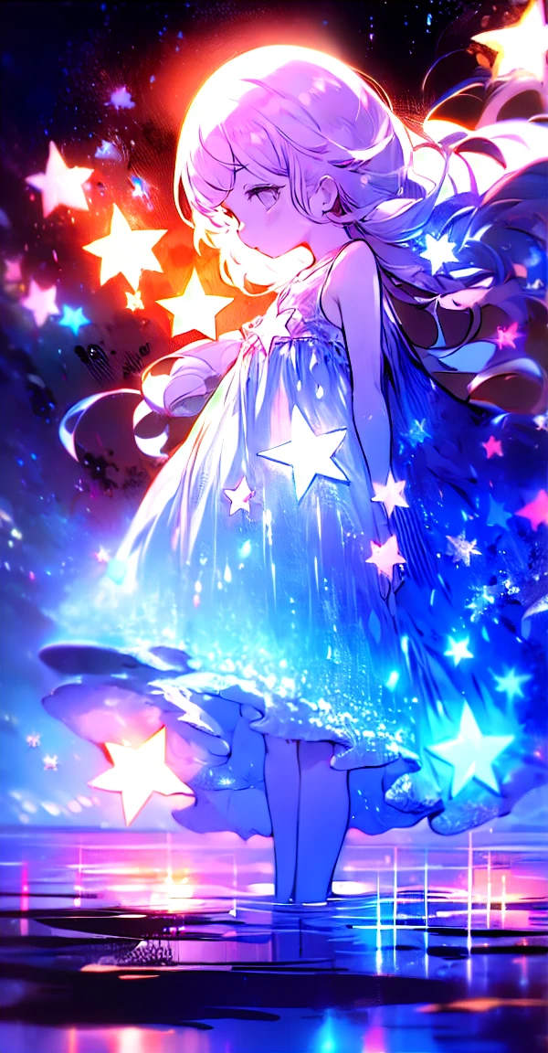 xcdd, dress, water遊び, star, water, null, night, Shine, Shine, star, night null, Backlight, Particles of light, Floating Hair,, Absurd, ultra detailed, masterpiece, highest quality, beautiful, detailed,, Severe, One girl, (White eyes:1.1), (Grey Eyes:1.3), Gray Hair, Very long hair, Parted hair, Parted bangs, Medium chest,