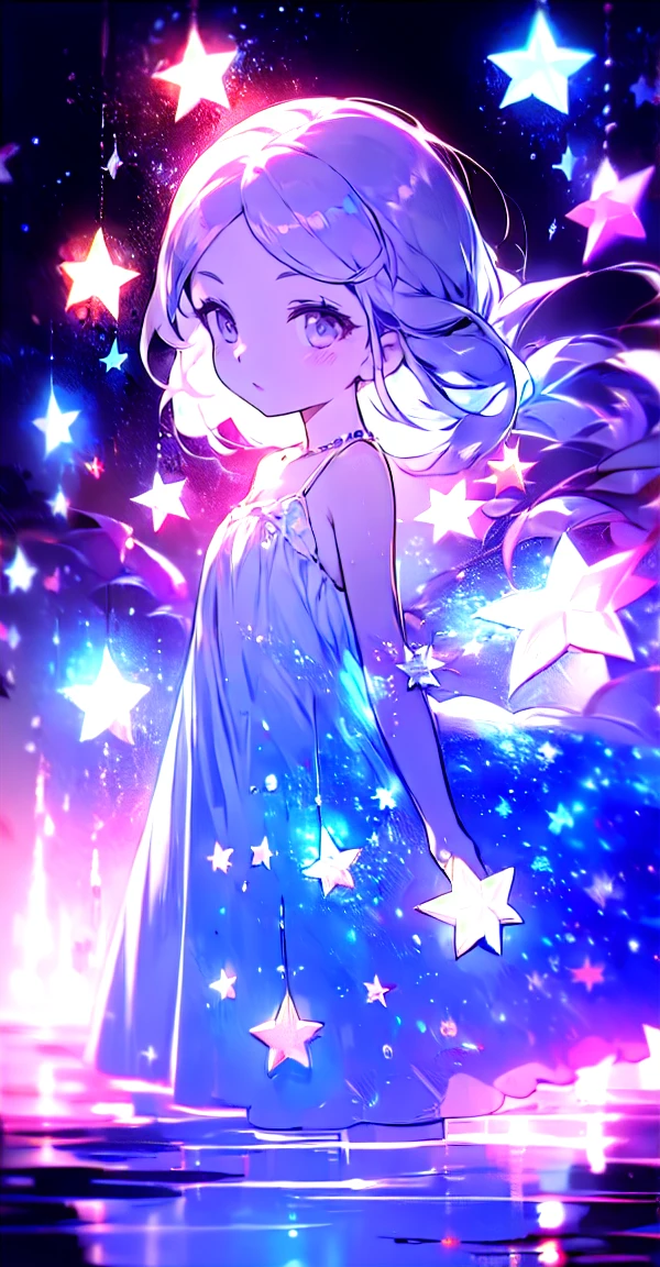 xcdd, dress, water遊び, star, water, null, night, Shine, Shine, star, night null, Backlight, Particles of light, Floating Hair,, Absurd, ultra detailed, masterpiece, highest quality, beautiful, detailed,, Severe, One girl, (White eyes:1.1), (Grey Eyes:1.3), Gray Hair, Very long hair, Parted hair, Parted bangs, Medium chest,