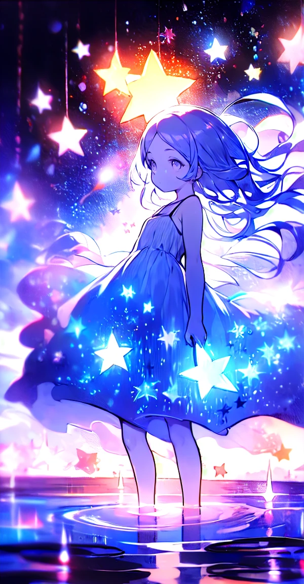 xcdd, dress, water遊び, star, water, null, night, Shine, Shine, star, night null, Backlight, Particles of light, Floating Hair,, Absurd, ultra detailed, masterpiece, highest quality, beautiful, detailed,, Severe, One girl, (White eyes:1.1), (Grey Eyes:1.3), Gray Hair, Very long hair, Parted hair, Parted bangs, Medium chest,