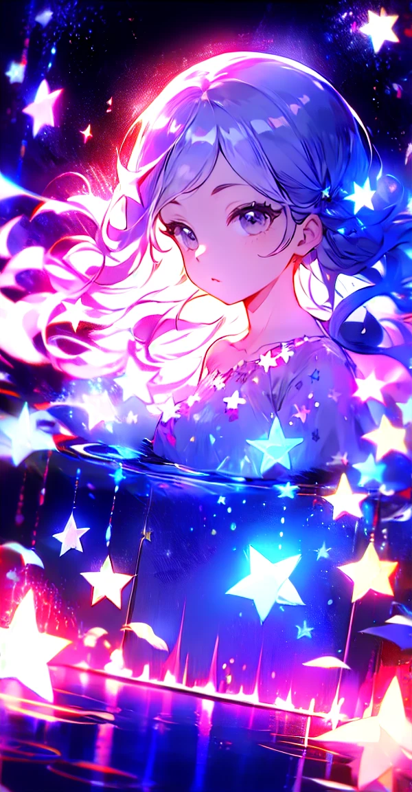 xcdd, dress, water遊び, star, water, null, night, Shine, Shine, star, night null, Backlight, Particles of light, Floating Hair,, Absurd, ultra detailed, masterpiece, highest quality, beautiful, detailed,, Severe, One girl, (White eyes:1.1), (Grey Eyes:1.3), Gray Hair, Very long hair, Parted hair, Parted bangs, Medium chest,