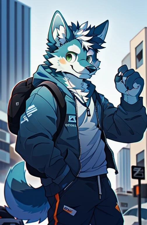 depth of fields，lighting perfect，light particules，（best qualtiy），（tmasterpiece），（ultra - detailed），Sharp focus，light particules，niji，light blue wolf，The male，Middle age，Mature temperament，Eyes，green-eyed，hairy chest，Animal_Ear_vellus hair，Crossed waist with one hand，The upper part of the body，coda，dark blue hoodie，rays of sunshine，destroyed city，Mysterious smile，holding pistol, backpack with supplies sticking out, leaning on sports car
