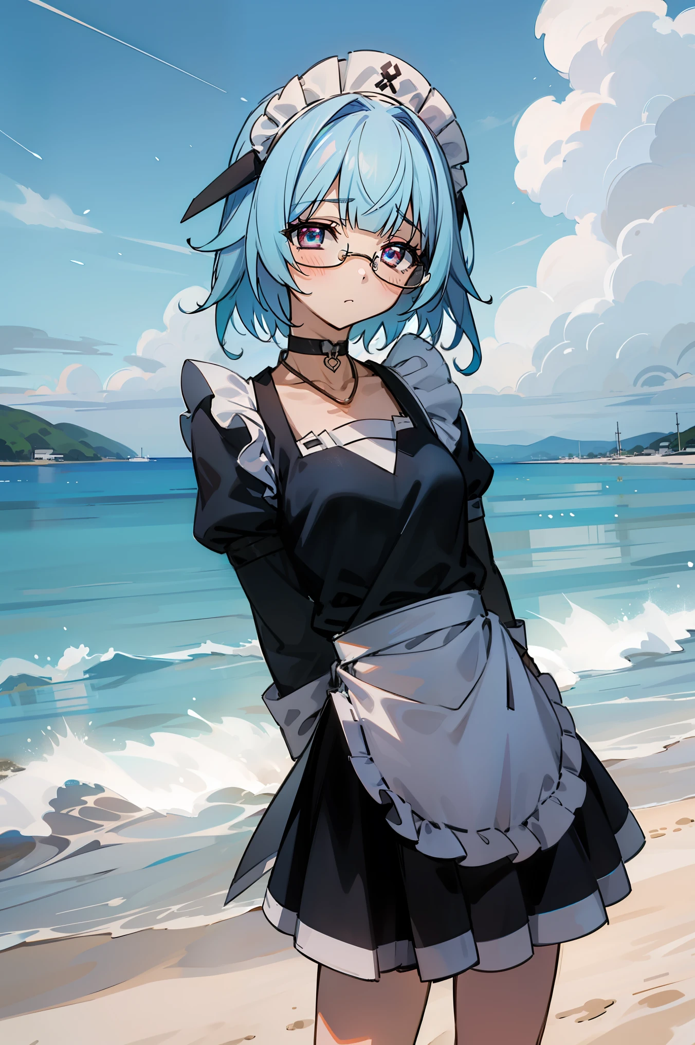 sarashiki kanzashi,1girl,solo,short hair,blue hair,red eyes,glasses,bangs,medium hair,
BREAK (black dress ,maid headdress, maid apron, maid dress,white collar ,necklace,long_sleeves,maid,collarbone,choker,fingerless_gloves:1.2),
BREAK (outdoor,Blue sky,White cloud,beach,shore,seawater:1.2)
BREAK standing,arms behind back,
BREAK (masterpiece:1.2), best quality, high resolution, unity 8k wallpaper, (illustration:0.8), (beautiful detailed eyes:1.6), extremely detailed face, perfect lighting, extremely detailed CG, (perfect hands, perfect anatomy),