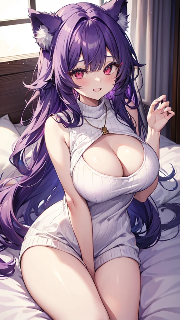 Wolf Girl, Large Breasts, Voluminous, messy purple hair, masterpiece , Red eyes, hd, Head to Chest, 、 tooth、Double teeth,, On the bed、Thick thighs、Grinning、White sleeveless sweater、