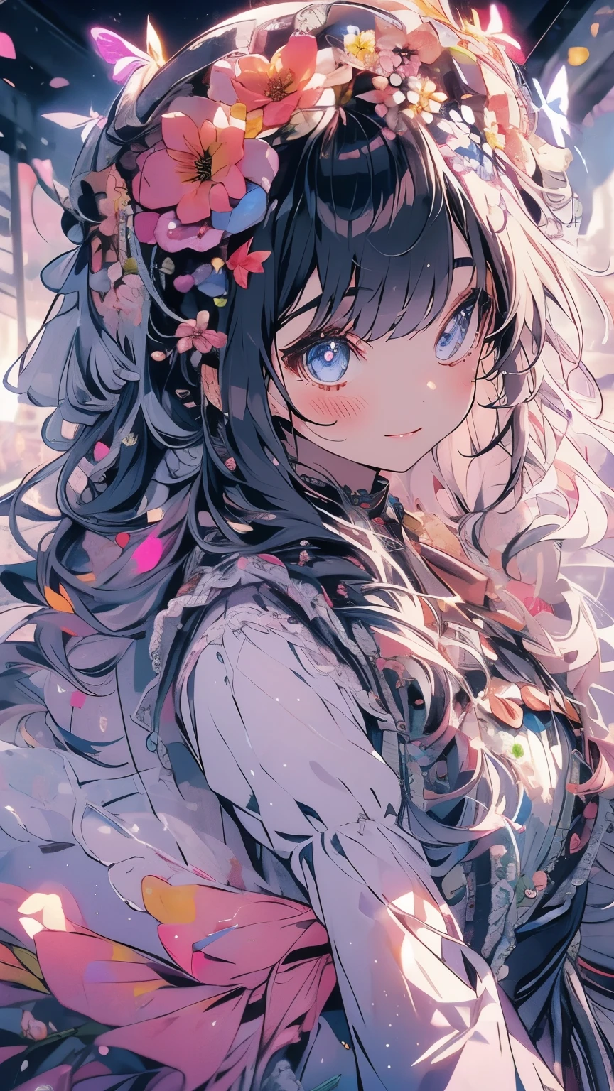 (Mastepiece)、(Best Quality)、Highly detailed face、Anime Girl、1 girl、Rainbow ta Dress、Long Hair、Lots of flowers、butterfly々、petal、smile
