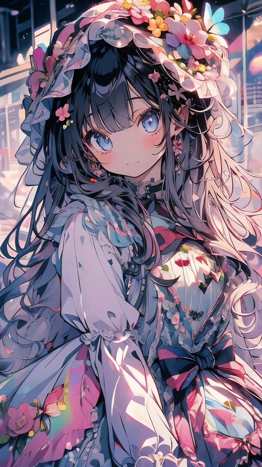 (Mastepiece)、(Best Quality)、Highly detailed face、Anime Girl、1 girl、Rainbow ta Dress、Long Hair、Lots of flowers、butterfly々、petal、smile