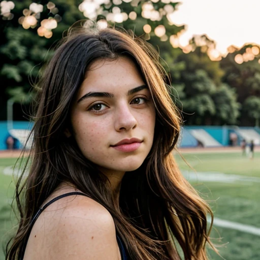 A photorealistic portrait of a 19-year-old espagnol girl with long, flowing dark hair and striking dark eyes. She should have a natural, approachable expression and be illuminated by soft, golden-hour sunlight. The background should be a scenic outdoor setting, perhaps a sunlit park or beach. Capture this image with a high-resolution photograph using an 85mm lens for a flattering perspective. play football game and video game in tele